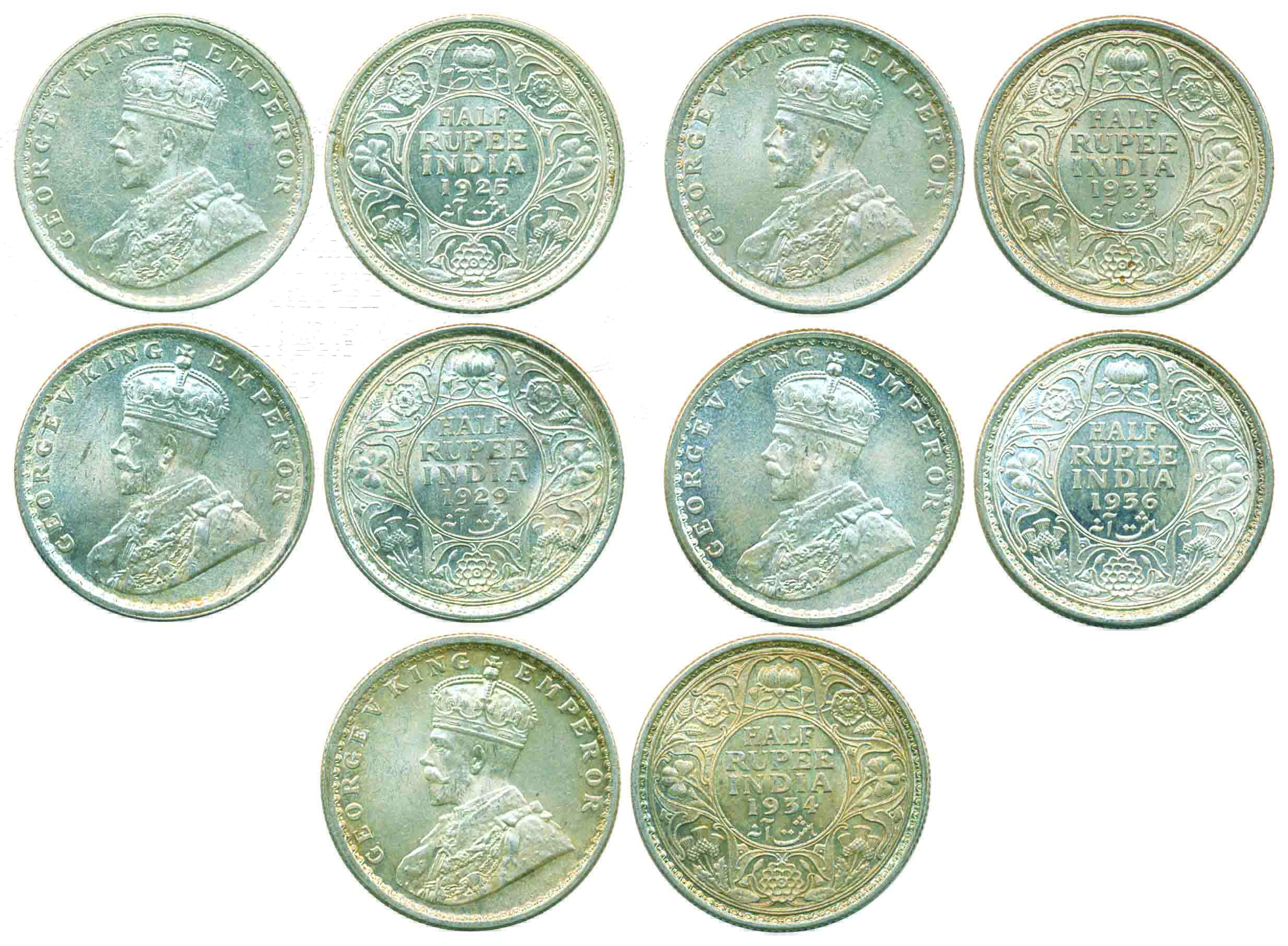 George V, Silver ½ Rupee (5), 1925, 1929, 1933, 1934 & 1936, Calcutta Mint (Pr# 328/ 331/ 