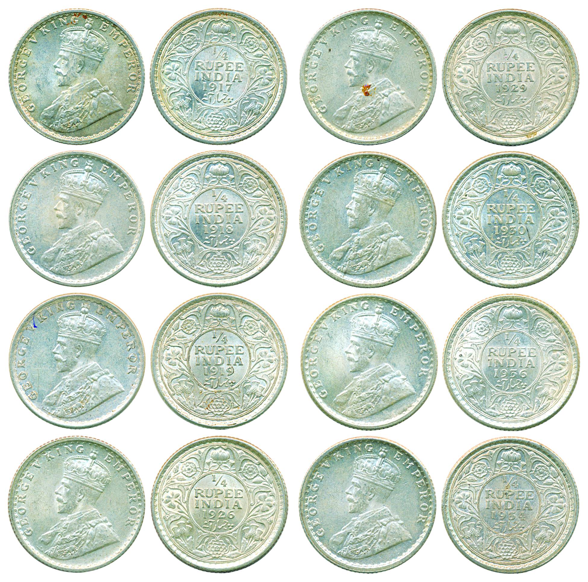 George V, Silver ¼ Rupee (8), 1917, 1918, 1919, 1926, 1929, 1930, 1934 & 1936. Calcutta Mi