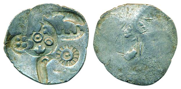 Punch-marked Coin, Magadha Janapada, 500-450 BC, Silver Vimashatika, weight standard, 4.62