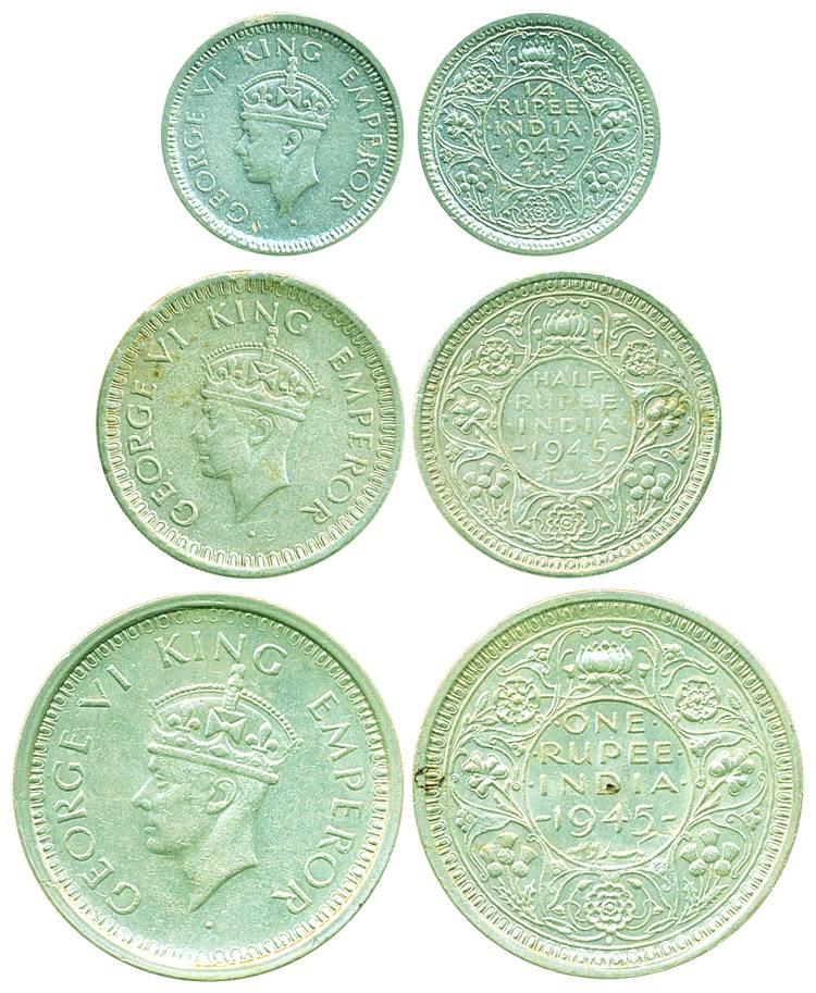 George VI, Silver complete set of Rupee, ½ Rupee & ¼ Rupee, Bombay Mint, 1945, Large 5. Ve