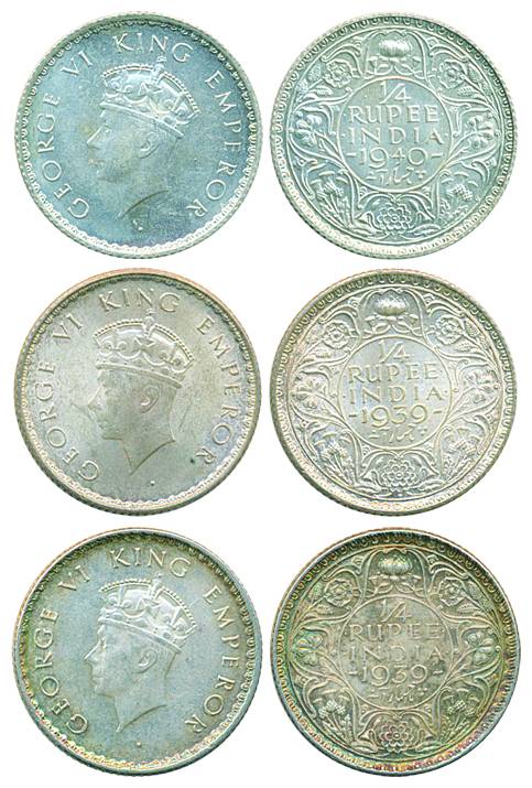 George VI, Silver ¼ Rupee (3), with young head, Bombay (2), 1939 (Pr# 461) & 1940 (Pr# 462