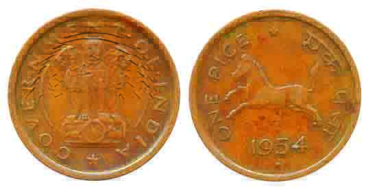 Copper 1 Pice, 2.90g, Hyderabad Mint, Reduced weight series 1954, Obv: Ashoka Lion Pillar 