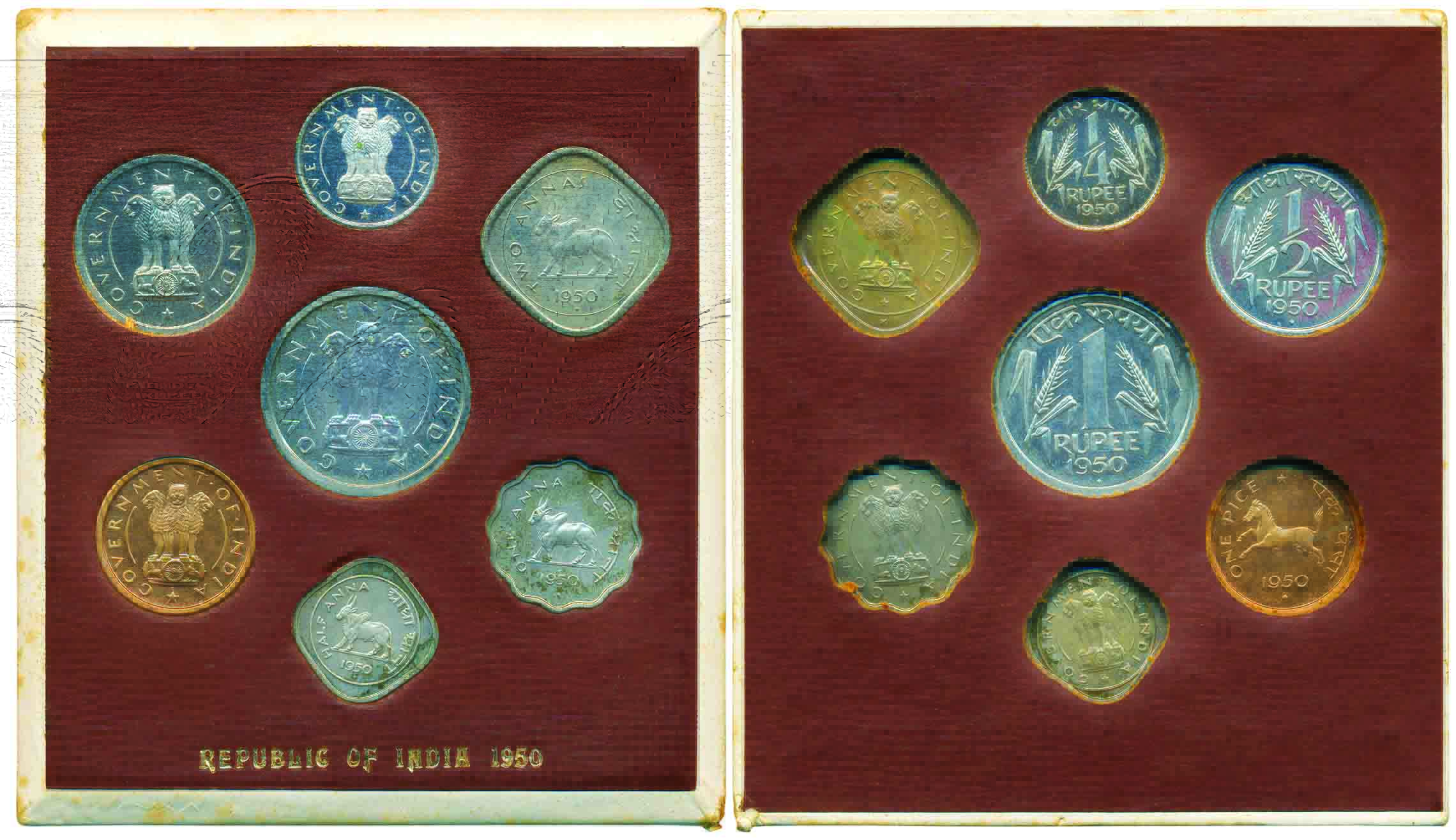 1950 Proof Set of ‘Regular Issue’ set of 7 coins, Rupee to 1 Pice, Bombay Mint, (RB# 1). I