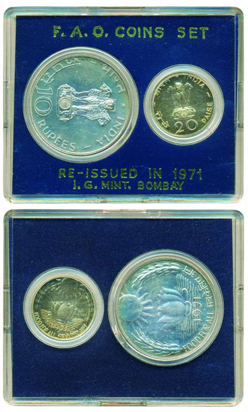1971 Uncirculated set of ‘Food for All’ set of 2 coins 10 Rupees and 20 Paisa (F.A.O.), Bo