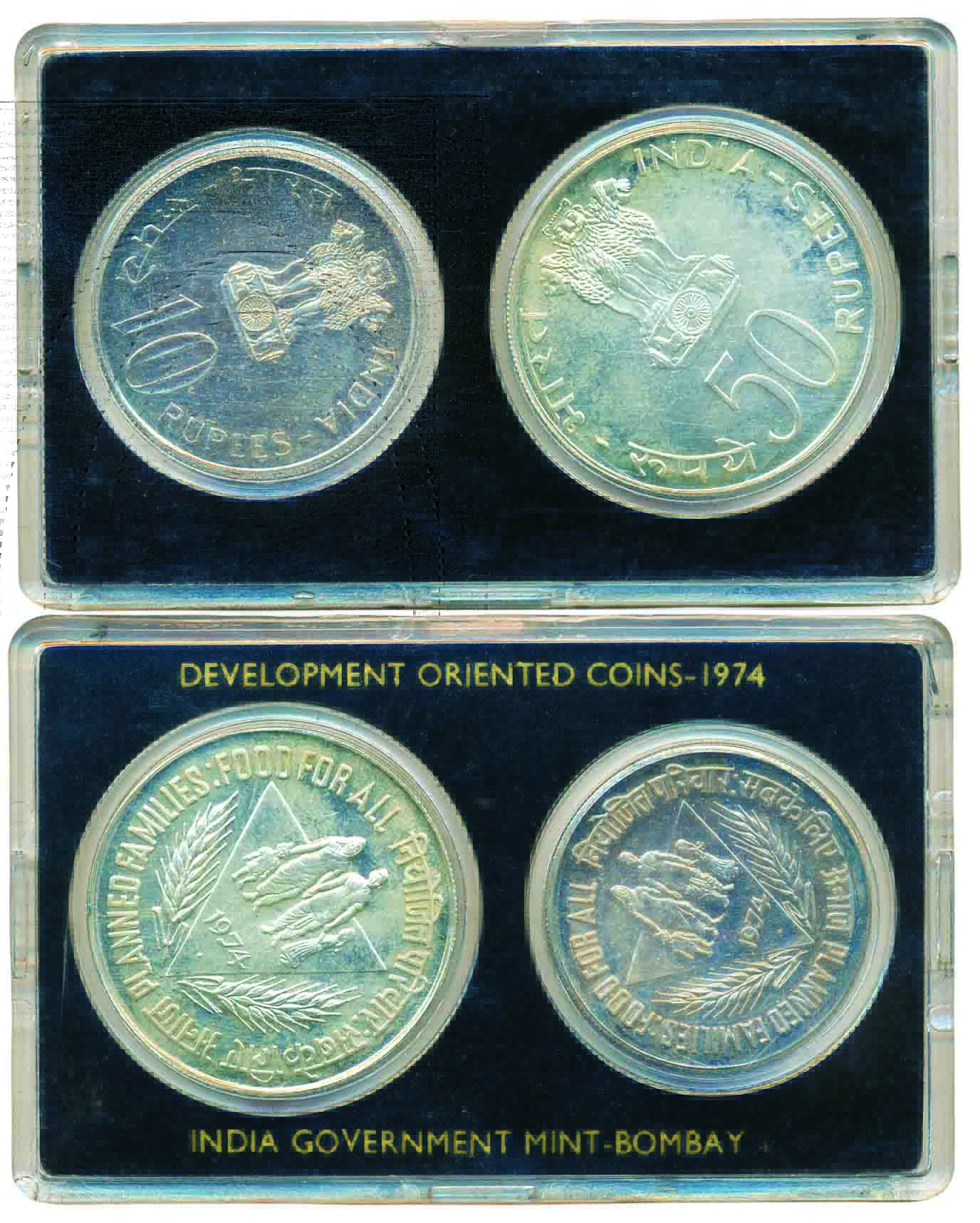 1974 Uncirculated set of ‘Planned Families Food for All’ set of 2 coins, 50 Rupees and 10 