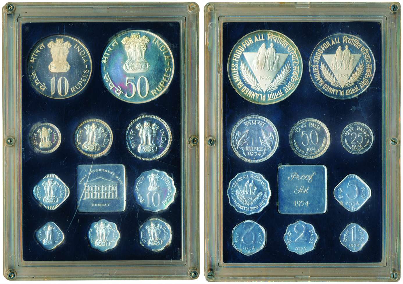 1974 Proof set of ‘Planned Families Food for All’ set of 10 coins, 50 Rupees to 1 Paisa, B