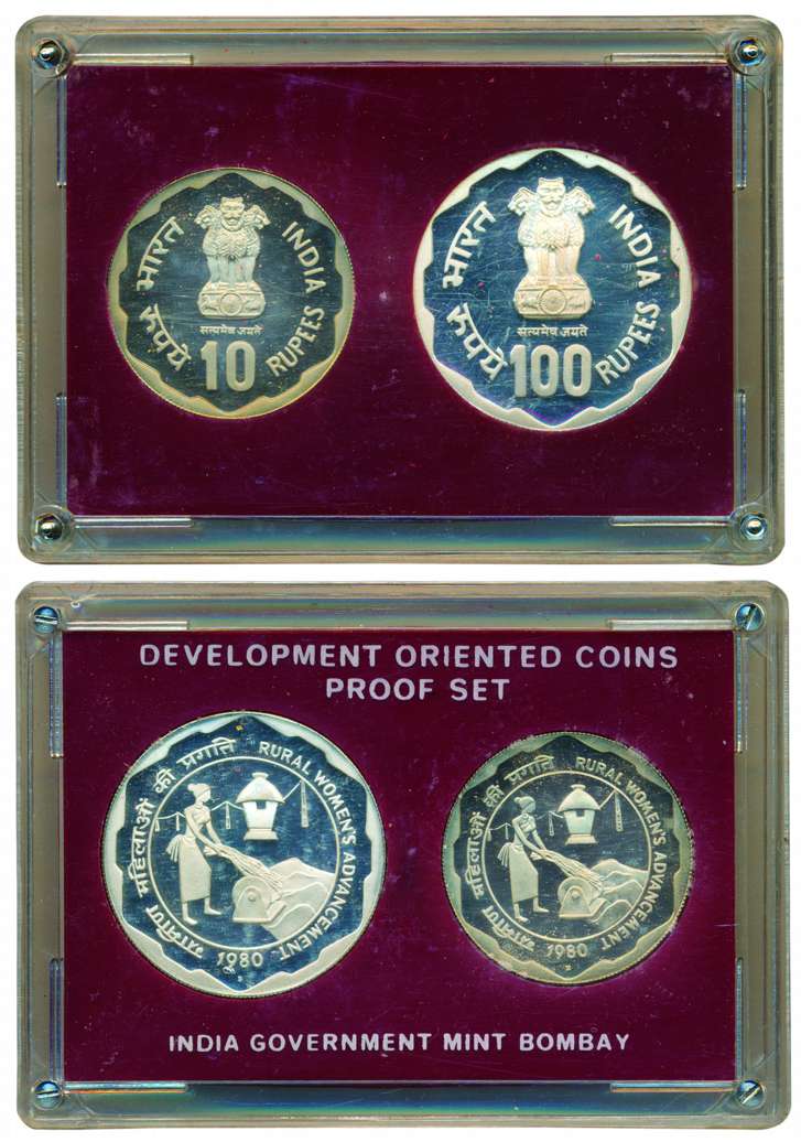 1980 Proof set of ‘Rural Women’s Advancement’, set of 2 coins, 100 Rupees and 10 Rupees, B