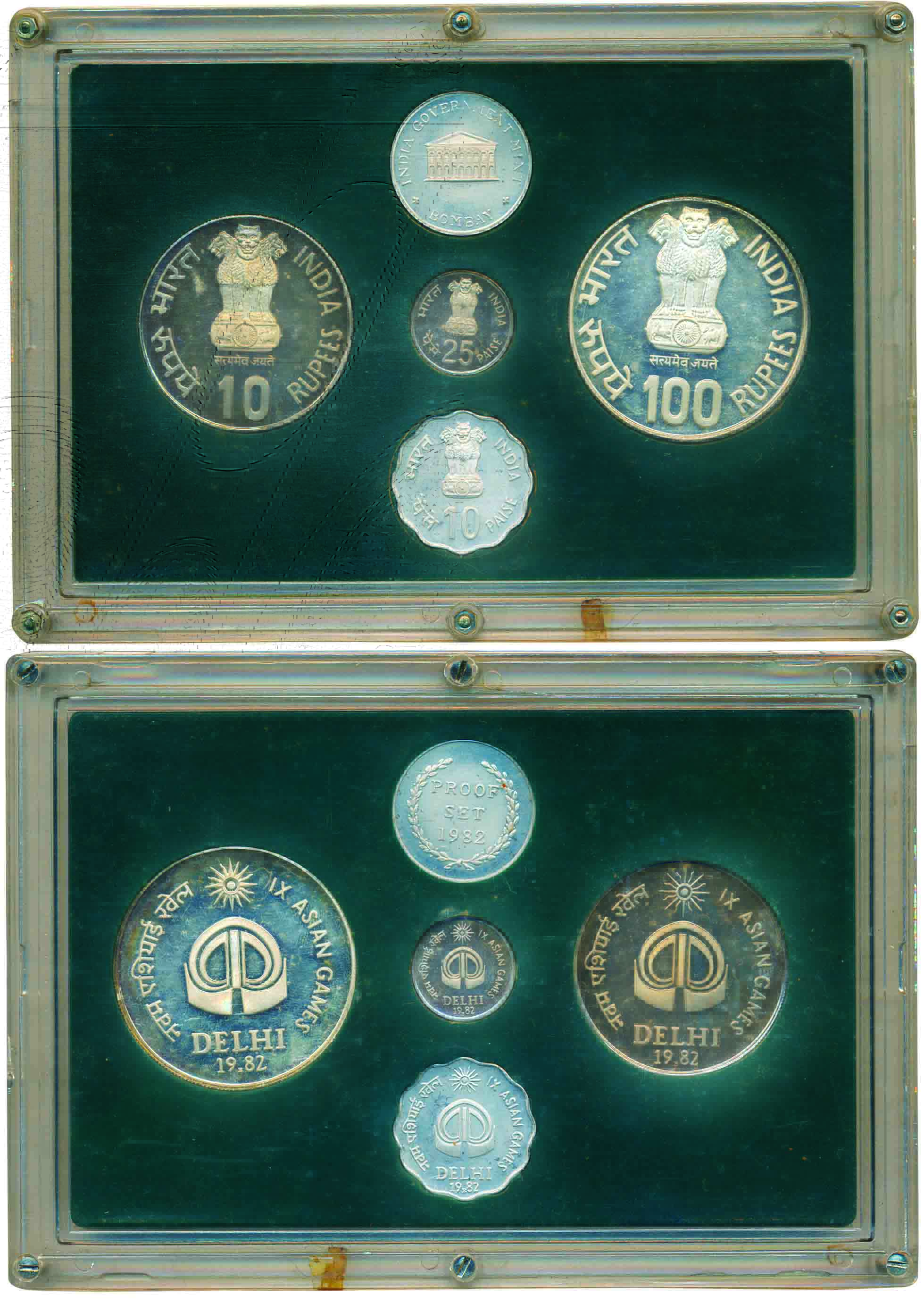 1982 Proof set of ‘IX Asian Games’, set of 4 coins 100 Rupees, 10 Rupees, 25 Paise, and 10