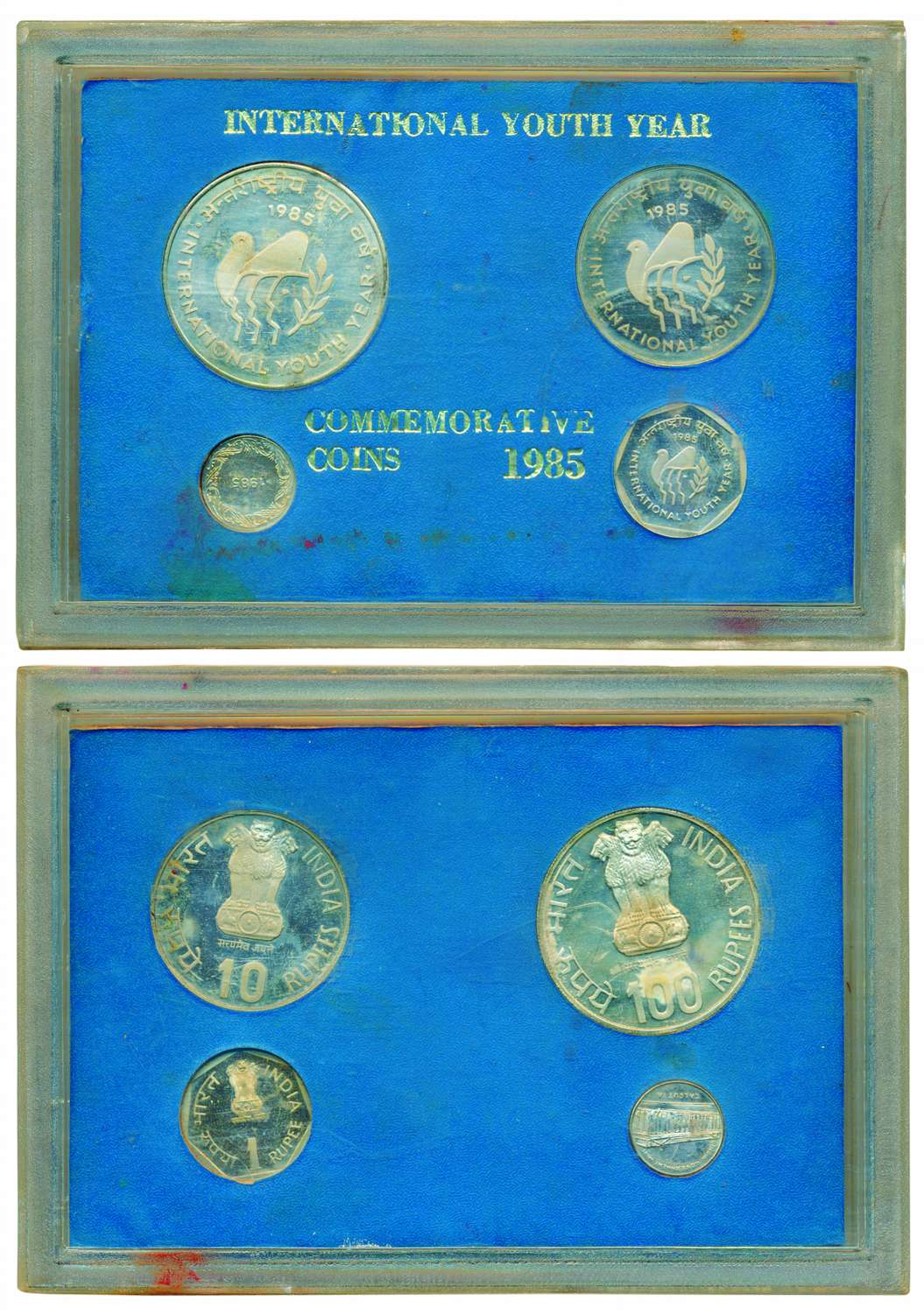 1985 Proof set of ‘International Youth Year’, set of 3 coins, 100 Rupees, 10 Rupees and Ru