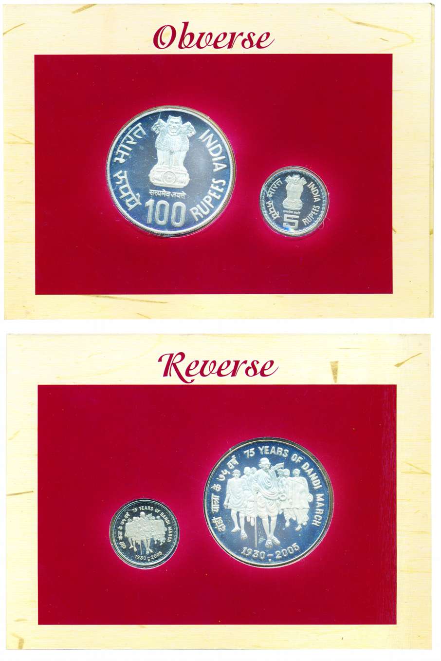 2005 Proof set of ‘75 Years of Dandi March’, set of 2 coins, 100 Rupees and 5 Rupees, Mumb