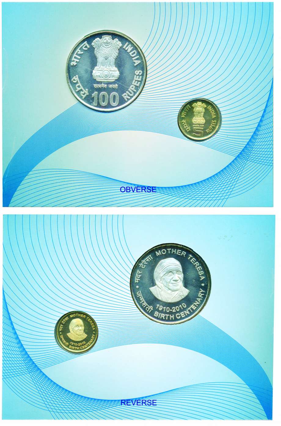 2010 Proof set of ‘Mother Teresa birth Centenary’, set of 2 coins, 100 Rupees and 5 Rupees