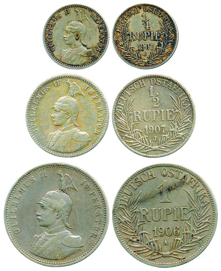 German East Africa, Silver (3) Rupee, ½ Rupee &amp; ¼ Rupee, 1906 A, 1907 J &amp;1907 J. V