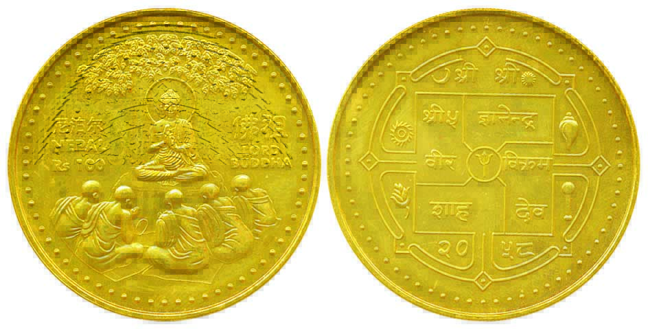 Nepal, Lord Buddha, 100 Rupees, Nordic Gold, VS2058-AD2000. Buddha Teaching his disciples.