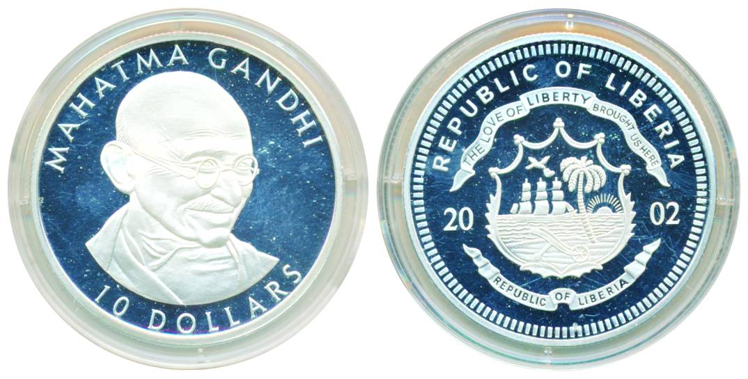 Liberia, Silver 10 Dollars, 2002, Mahatma Gandhi. Proof in capsule. Very rare.