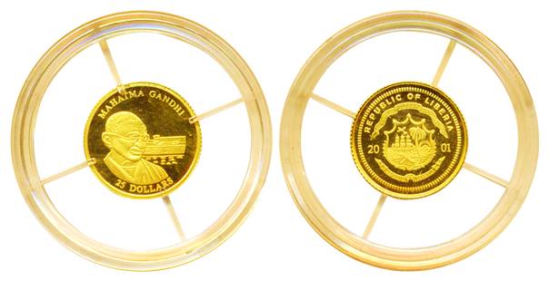 Liberia, Gold 25 Dollars, 2002, Mahatma Gandhi. With certificate and in original box of is