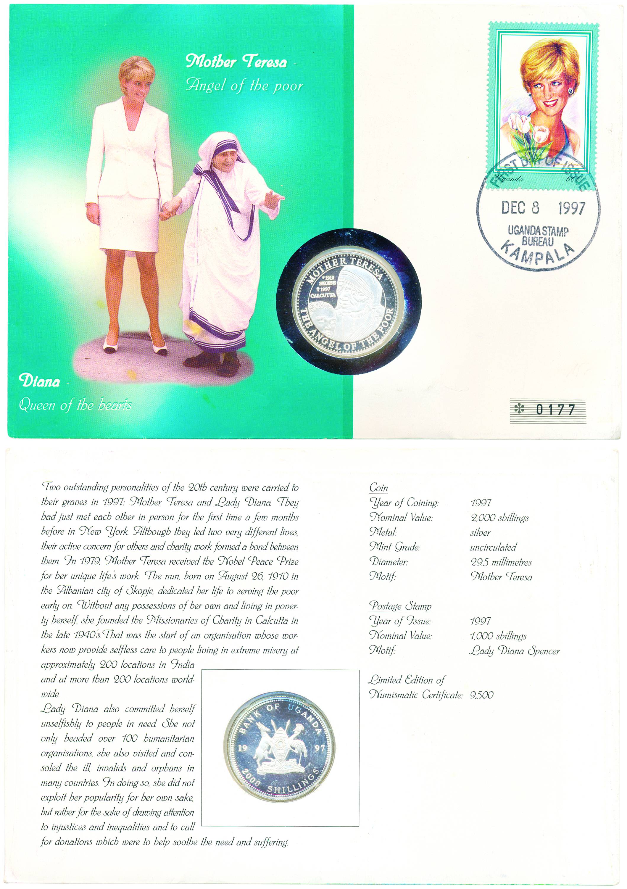 Uganda, 1997, 2000 Shillings, Mother Teresa, Silver proof with certificate and First Day C