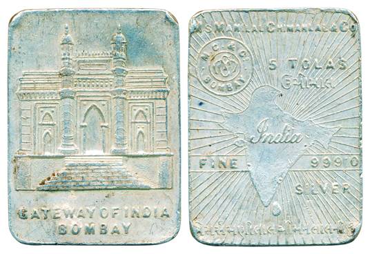 Silver Biscuit, 5 Tolas, 58.34g, issued by Manilal Chimanlal & Co, 999.0 Fineness. Very Fi