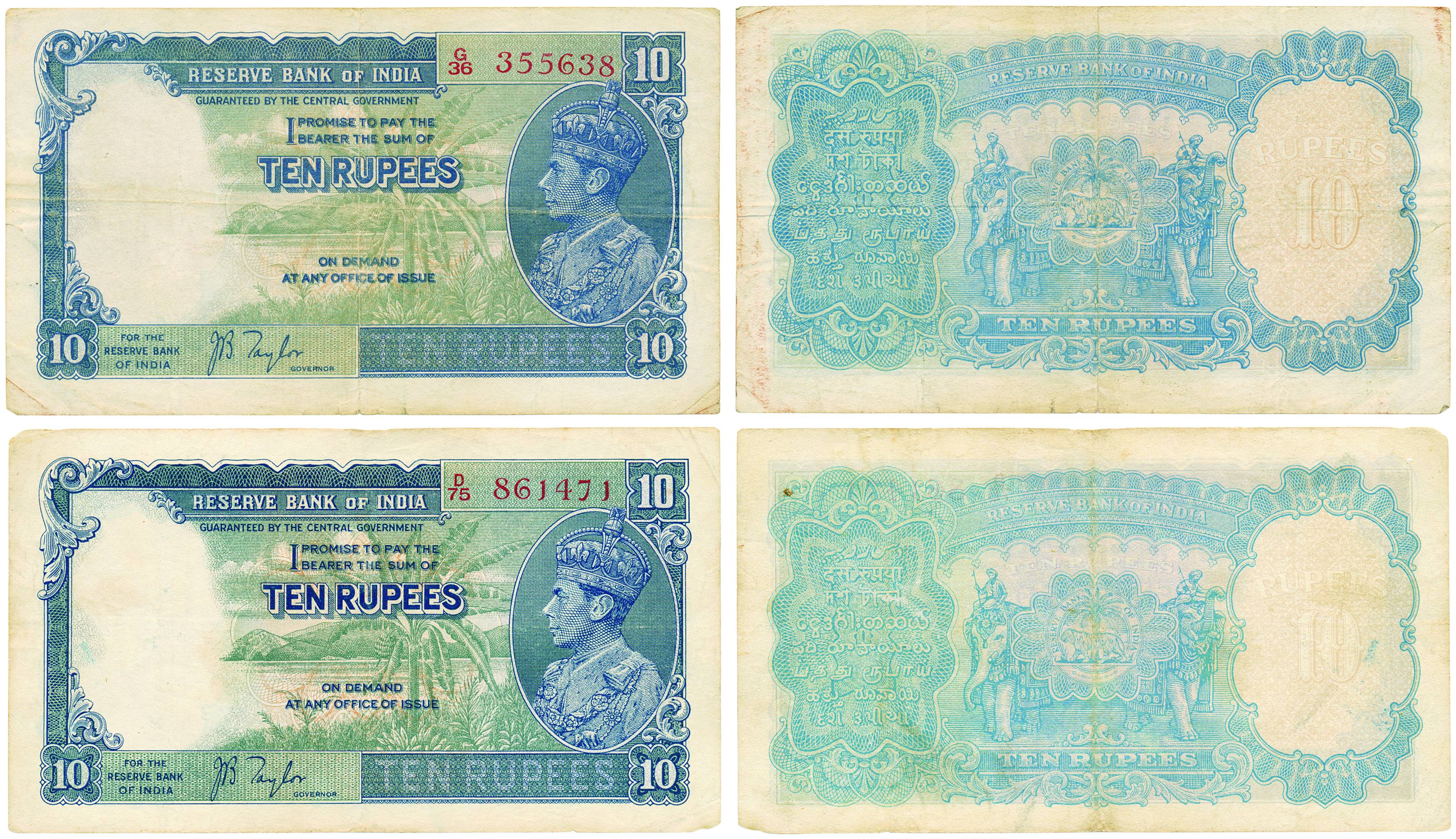 George VI, Rupees 10 (2), Type 5, 1st issue, signed J. B. Taylor, prefix D/75 &amp; G/36 (