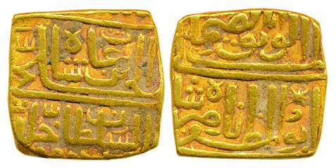 Nasir Shah, Gold Tanka, 10.84g, Square, al-Wathiq type, ND (GG# M105). Very fine, very rar