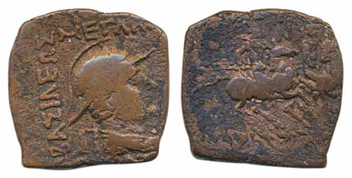 Indo-Greeks, Menander I, Copper Unit, 4.95g, Obv: bust of the king to right and around Gre