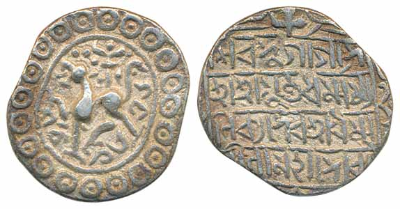 Dharma Manikya with Queen Dharma Sila, Silver Tanka, 10.31g, lion to left, dated Saka 1636
