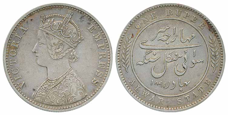 Mangal Singh, Silver Rupee, 1891, Obv: Victoria Empress, Crown bust left, Rev: date within
