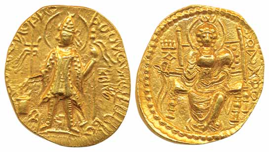 Kushanas, Kanishak II, GoldDinar, 7.92 g, Obv: usual style of the king standing to left an