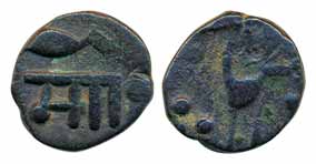 Malhar Rao, Silver 1/8Rupee or 2 Anna, 1.37g, Obv: inscription, Rev: Nagari ‘Ma’ (Ga) (KM#