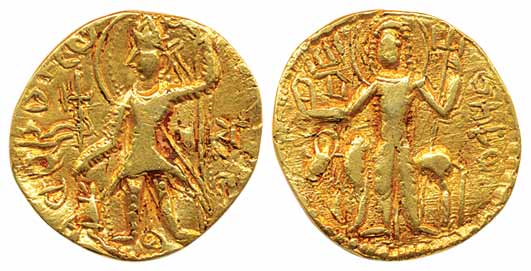 Kushanas, Kanishak III, GoldDinar, 7.86 g, Obv: usual style of the king standing to left a