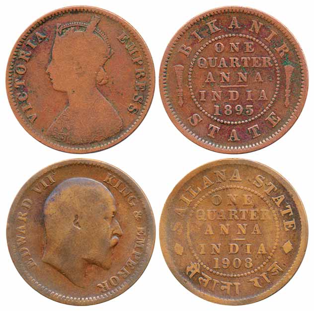 Copper ¼ Anna (2), Bikaner, 1895, portrait of Victoria Empress. Sailana, 1908, portrait of
