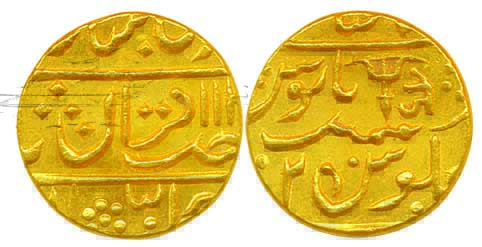 Jankoji Rao, Gold Mohur, 10.81g, Lashkar Mint, in the name of Shah Alam II, AH 11xx/2; bow