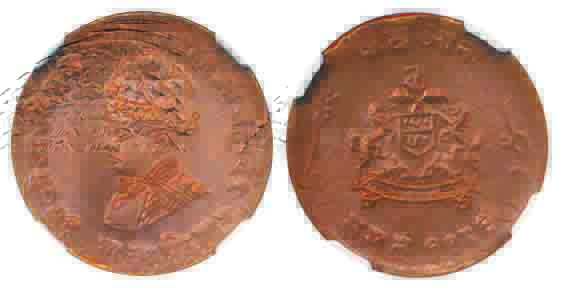 Jivaji Rao, Copper ¼ Anna, VS 1929, Obv: bust of Jivaji Rao, Rev: arms. Graded as MS 64 RD