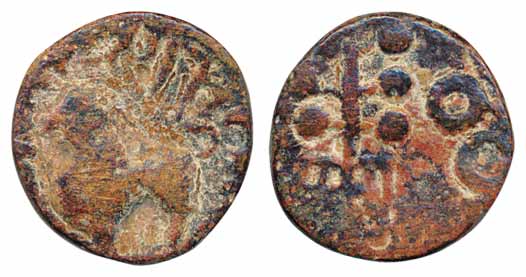 Satavahanas,LeadUnit, 6.44g, Obv: a lion to left,traces of legend above, Rev: a tree in ra