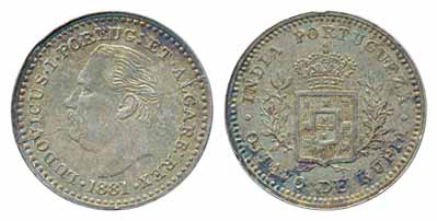 Luiz I, Silver 1/8 Rupia, 1.46g, 1881, Obv: Head to left, Rev: Crowned Arms in sprays. Unc
