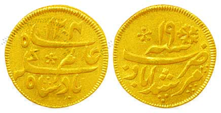 Gold ¼ Mohur, 3.09g, Calcutta Mint, in the name of Shah Alam II, Pseudo mint name Murshida