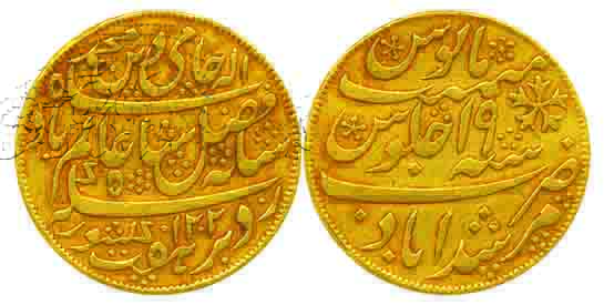 Gold ½ Mohur, 6.12g, AH 1202/ RY 19, Murshidabad Mint, Obv: Shah Alaam II Badshah, couplet