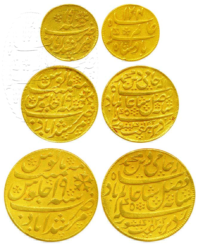 Gold,set of 3 coins,Mohur, ½ Mohur and ¼ Mohur, 12.35g, 5.79g and 3.05g, in the name of Sh