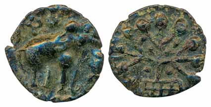 Satavahanas, Satakarni I, Potin, 4.2g, Obv: an elephant walking to right with Brahmi legen