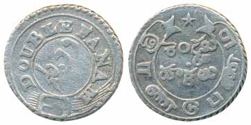Silver Double Fanam, 1.82g, ND, Obv: Buckled garter, value in Persian and English legend, 