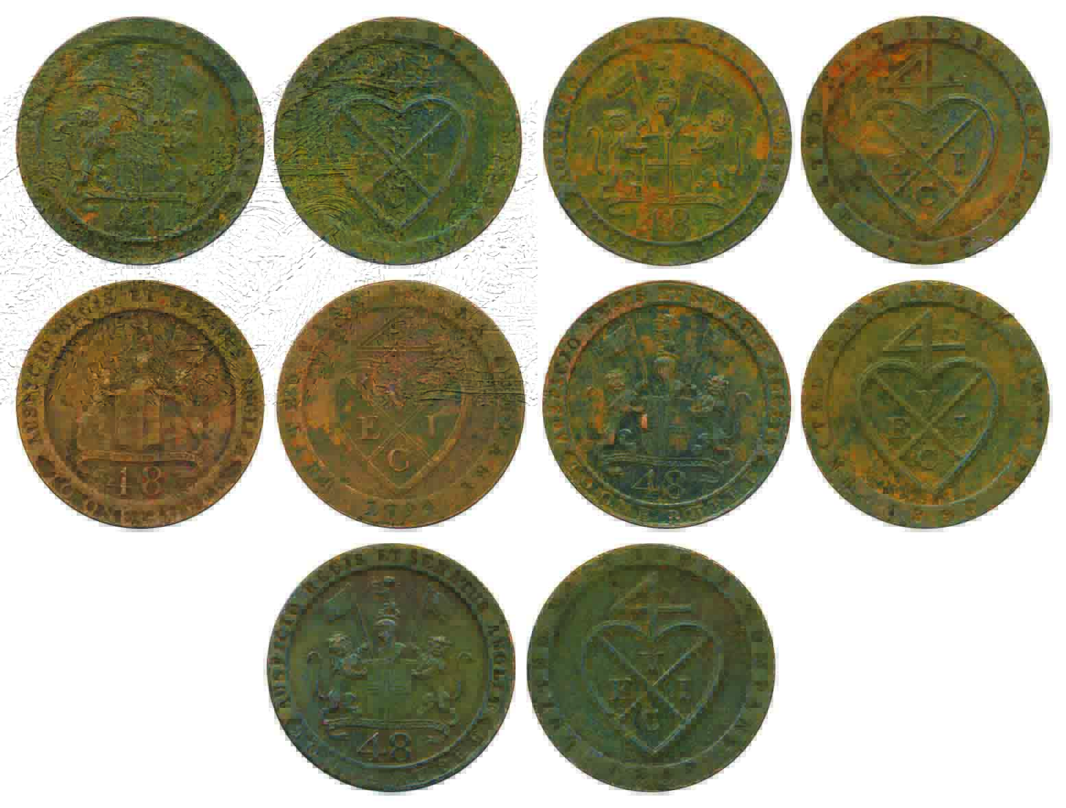 Copper 1/48Rupee or Dub (5), 1794, Obv: arms of East India Company, legend around, Rev: le
