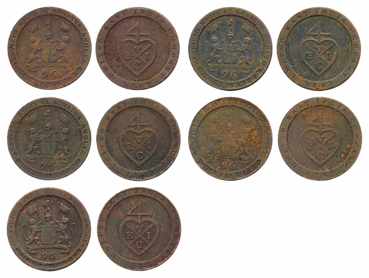 Copper 1/96 Rupee or ½ Dub (5), 1794 and 1797, Obv: arms of East India Company, legend aro