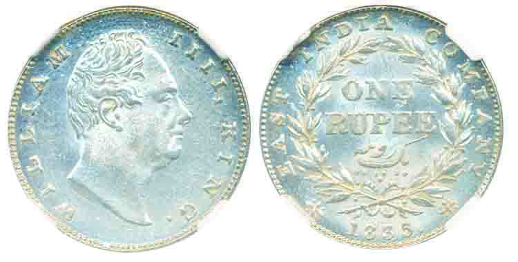 William IV, Silver Rupee, 1835, no initial, bud leaves, 20 berries (Prid# 40). Graded as M