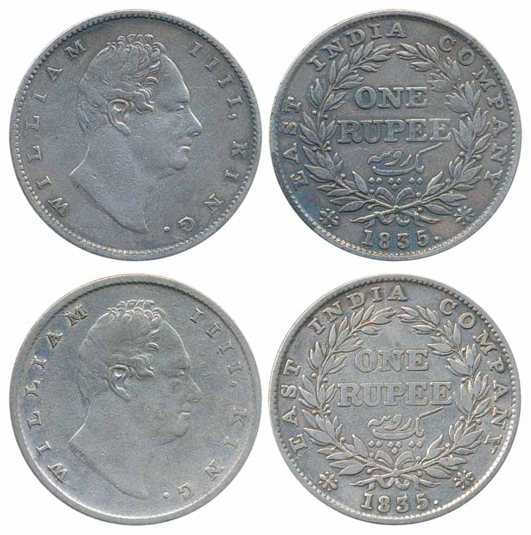 William IV, Silver Rupee (2), 1835, thin lettering, R S incuse (Prid# 32). Very fine to ve