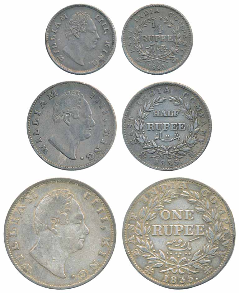 William IV, Set of 3 coins, 1835, Silver Rupee, dug out F (Prid# 36), ½ Rupee, F incuse (P