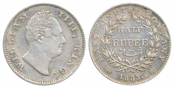 William IV, Silver ½ Rupee, 1835, Calcutta Mint, F incuse, 19 berries (Prid# 70). Very fin