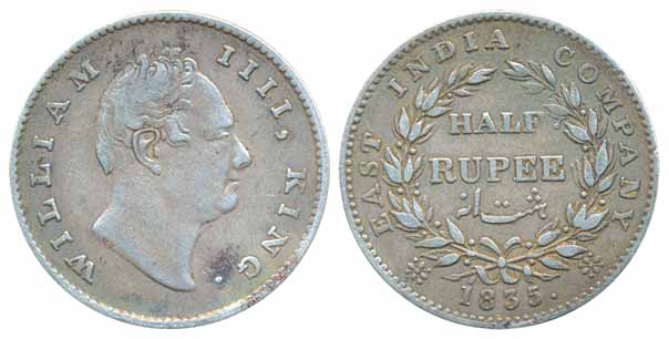 William IV, Silver ½ Rupee, 1835, Calcutta Mint, R S incuse, 21 berries (Prid# 66). Very f