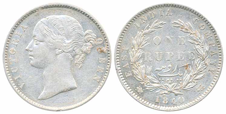 Victoria Queen, Silver RupeeMule, 1840, Divided legend, 26 berries. Very fine+, very rare.