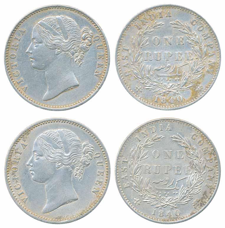 Victoria Queen, Silver Rupee (2), 1840, Divided legend (Prid# 57). Fine to Very fine+. 2 c
