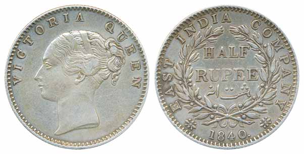Victoria Queen, Silver ½ Rupee, 1840, Madras Mint, Continuous legend (Prid# 75). Very fine