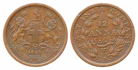 Copper 1/12Anna, 1848 (Prid# 163). Extremely fine.